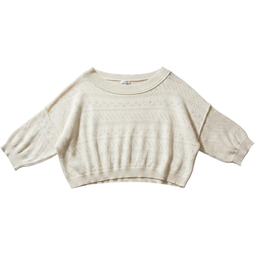 Free People Women Cream Pointelle Knit Cropped Sweater Scoop Neck Medium